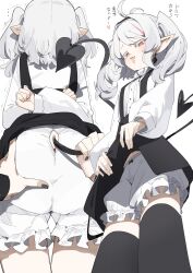 1girl absurdres arms_behind_back black_dress black_nails black_tail black_thighhighs bloomers dress earrings grabbing_another&#039;s_ass grey_hair groping highres jewelry lifting_own_clothes long_hair long_sleeves looking_at_viewer looking_down maton_3110 midriff_peek multicolored_hair multiple_views open_mouth original pink_hair pointy_ears red_eyes shirt skirt smile streaked_hair suspender_skirt suspenders tail tail_grab thighhighs translation_request underwear white_background white_shirt