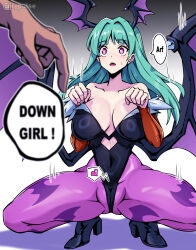 1boy 1girl absurdres ass black_leotard breasts cameltoe cleavage collarbone darkstalkers demon_girl demon_wings english_text green_hair head_wings heart heart-shaped_pupils highleg highleg_leotard highres jrpulse large_breasts leotard mind_control morrigan_aensland pantyhose pet_play pink_eyes purple_pantyhose speech_bubble squatting symbol-shaped_pupils thighs wings