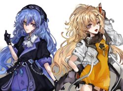 Rule 34 | 1hoshimiyabi, 2girls, arkria hroptr, benghuai xueyuan, black dress, black gloves, black hat, blonde hair, commentary, dress, fingerless gloves, gloves, hashtag-only commentary, hat, heterochromia, honkai (series), jacket, karin mered, long hair, multiple girls, one eye closed, parted lips, purple eyes, short sleeves, smile, very long hair, white jacket, yellow dress, yellow eyes