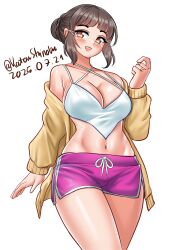 Rule 34 | 1girl, absurdres, alternate costume, artist name, black hair, blush, braid, braided bun, breasts, brown eyes, cowboy shot, criss-cross halter, dated, hair bun, hair ornament, hairclip, halterneck, highres, jacket, jewelry, kantai collection, katou shinobu, large breasts, looking at viewer, myoukou (kancolle), navel, one-hour drawing challenge, open mouth, pink shorts, ring, short hair, shorts, simple background, single hair bun, smile, solo, stomach, tank top, twitter username, wedding ring, white background, white tank top, yellow jacket