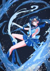 1girl back_bow bishoujo_senshi_sailor_moon blue_boots blue_bow blue_bowtie blue_choker blue_eyes blue_hair blue_sailor_collar blue_skirt boots bow bowtie choker circlet commentary elbow_gloves floating from_side full_body gloves harp high_heel_boots high_heels highres inner_senshi instrument knee_boots looking_at_viewer magical_girl miniskirt mizuno_ami pochi_(askas_is_god) sailor_collar sailor_mercury sailor_senshi sailor_senshi_uniform short_hair skirt solo water water_drop white_gloves