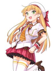 1girl badge blonde_hair blush breasts brown_footwear button_badge clenched_hand commentary_request cow cropped_jacket earrings emblem fang frilled_skirt frilled_sleeves frills green_eyes hands_on_own_hips hat hat_ribbon high_heels idolmaster idolmaster_cinderella_girls idolmaster_cinderella_girls_starlight_stage jacket jewelry jougasaki_rika leg_up long_hair looking_at_viewer miniskirt necktie open_clothes open_jacket open_mouth plaid_clothes plaid_ribbon plaid_skirt red_ribbon red_skirt red_wrist_cuffs ribbon shirt short_sleeves signature simple_background skirt small_breasts smile smirs solo standing standing_on_one_leg striped_necktie thighhighs two_side_up white_background white_hat white_jacket white_shirt white_thighhighs wrist_cuffs yellow_necktie zettai_ryouiki