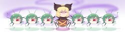 Rule 34 | 6+girls, antennae, arthropod girl, arthropod limbs, black bow, blonde hair, blood, blush, bow, commentary, full body, green eyes, green hair, grin, guuchama, hair bow, highres, kurodani yamame, kurodani yamame (spider), multiple girls, multiple persona, open mouth, short hair, simple background, smile, touhou, white background, wriggle nightbug, yukkuri shiteitte ne