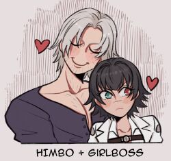 1boy 1girl black_hair black_shirt blush closed_eyes dante_(devil_may_cry) devil_may_cry_(series) green_eyes grey_background heart heterochromia highres jacket jumpoon lady_(devil_may_cry) red_eyes scar scar_on_face scar_on_nose shirt smile white_hair white_jacket white_shirt