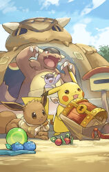 Rule 34 | bandana, bandana around neck, berry (pokemon), blue sky, body fur, brown eyes, brown fur, cheri berry, claws, cloud, day, eevee, fangs, gen 1 pokemon, highres, kangaskhan, nintendo, no humans, open mouth, oran berry, pikachu, pokemon, pokemon (creature), pokemon mystery dungeon, sky, smile, tail, treasure chest, waving, wonder orb, yamaori (hakkentai pokedan), yellow fur