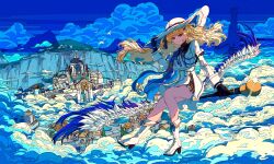 Rule 34 | 1girl, artdroiiid ii, black gloves, blonde hair, blue sky, boots, closed mouth, cloud, cloudy sky, commentary, floating hair, gloves, hair ornament, hand on own hat, hat, high heel boots, high heels, highres, holding, holding staff, ligne claire, long hair, long sleeves, looking at viewer, midair, outdoors, phoebe (wuthering waves), purple eyes, riding, shirt, skirt, sky, smile, solo, staff, tacet mark (wuthering waves), very long hair, white boots, white hat, white shirt, white skirt, wind, wuthering waves, x hair ornament