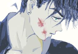 1boy black_hair black_jacket blood blood_on_face blue_eyes collarbone diamond_wa_kudakenai earrings eyelashes ffoxx hair_down higashikata_josuke highres jacket jewelry jojo_no_kimyou_na_bouken looking_ahead male_focus messy_hair open_collar piercing popped_collar profile simple_background solo stud_earrings white_background