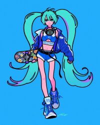 1girl 39 aqua_eyes aqua_hair belt black_belt blue_jacket blue_shorts breasts expressionless full_body hatsune_miku highres holding holding_skateboard jacket long_hair long_sleeves looking_at_viewer medium_breasts miyoshi_yoshimi shoes shorts sidelocks signature skateboard solo standing twintails very_long_hair vocaloid walking