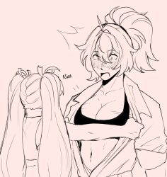 2girls ahoge assisted_exposure blush breasts cleavage collared_shirt hadalogic hair_between_eyes long_hair multiple_girls ponytail qingyi_(zenless_zone_zero) shirt sports_bra surprised twintails zenless_zone_zero zhu_yuan