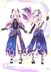 1girl absurdres artist_name asymmetrical_gloves black_footwear black_gloves black_leotard blue_eyes braid citlali_(genshin_impact) closed_mouth commentary_request elbow_gloves facial_mark from_behind full_body genshin_impact gloves hair_ornament high_heel_sandals highres kkkula_(kula) leotard looking_at_viewer multiple_views o-ring pink_hair sandals triangle triangle_facial_mark twin_braids vision_(genshin_impact)