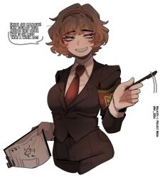 1girl armband black_jacket black_pants book brown_eyes brown_hair collared_shirt cowboy_shot cropped_legs english_text freckles grin highres holding holding_book holding_pen jacket lapels lobotomy_corporation looking_to_the_side malkuth_(project_moon) necktie notched_lapels ny_000a pants pen project_moon red_armband red_necktie shirt short_hair smile solo speech_bubble white_shirt