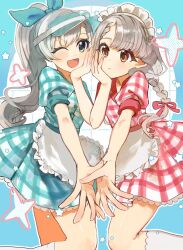 2girls apron asymmetrical_bangs blue_bow blue_dress blue_eyes bow braid braided_bangs braided_ponytail brown_eyes commentary cowboy_shot dress frilled_apron frills gingham gingham_dress grey_hair hair_bow hair_ribbon hand_on_own_cheek hand_on_own_face hisakawa_hayate hisakawa_nagi holding_hands idolmaster idolmaster_cinderella_girls kneehighs leg_up light_blush long_hair maid_headdress multiple_girls one_eye_closed outstretched_arm puffy_short_sleeves puffy_sleeves red_dress red_ribbon ribbon short_sleeves siblings socks symbol-only_commentary twins visor_cap waist_apron white_apron white_socks yano_sou