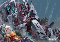 1girl absurdres artist_name blue_eyes closed_eyes commentary damaged dark-skinned_female dark_skin english_commentary english_text highres hijab looking_down lying mecha original robot solo tahta_lazuardy_benu torn_clothes white_hijab
