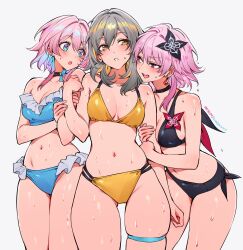 Rule 34 | 3girls, absurdres, alternate costume, bikini, black bikini, blue bikini, blue eyes, blue hair, blush, breasts, character request, cleavage, colored inner hair, commentary request, dual persona, evernight (honkai: star rail), grey hair, hair between eyes, highres, holding another&#039;s arm, honkai: star rail, honkai (series), large breasts, long hair, looking at another, march 7th (honkai: star rail), multicolored hair, multiple girls, navel, open mouth, paid reward available, parted lips, pink hair, purple eyes, qiandaiyiyu, stelle (honkai: star rail), stomach, sweat, swimsuit, thigh strap, trailblazer (honkai: star rail), yellow bikini, yellow eyes, yuri