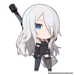 1girl a2_(nier:automata) bare_shoulders black_shorts black_thighhighs breasts chibi closed_mouth commentary crossover english_commentary full_body goddess_of_victory:_nikke grey_hair bad_tag hair_over_one_eye highres long_hair looking_at_viewer medium_breasts mole mole_under_mouth official_art short_shorts shorts solo standing sword thighhighs thighs totatokeke very_long_hair weapon