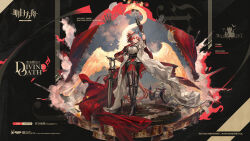 1girl arknights armor bird black_gloves cloak earrings feather_hair_ornament feathers fiammetta_(arknights) gloves gun hair_ornament highres jewelry looking_at_viewer official_art phoenix red_cloak red_eyes red_hair sword weapon yyb
