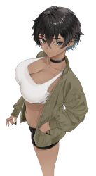 Rule 34 | 1girl, absurdres, bike shorts, black choker, black nails, blue eyes, blue hair, breasts, choker, cleavage, colored inner hair, dark-skinned female, dark skin, from side, hair between eyes, hand in pocket, highres, jacket, ku (kuchurage), kuchurage, large breasts, looking at viewer, mole, mole on breast, mole under eye, mole under mouth, multicolored hair, navel, open clothes, open jacket, original, simple background, solo, stomach, white background