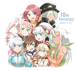 4girls 5boys ;d absurdres alisha_diphda anniversary aogaeru_(pixiv46613656) bandana black_hat black_jacket blonde_hair blue_eyes blue_hair body_markings brown_hair brown_hairband cloak closed_mouth commentary cropped_torso crossed_arms dated dezel_(tales) dress earrings edna_(tales) feather_earrings feathers gradient_hair green_eyes green_feathers green_hair green_ribbon grin hair_ribbon hairband hand_on_own_hip hat hat_ornament high_ponytail high_side_ponytail highres holding jacket jewelry lailah_(tales) long_hair medium_hair mikleo_(tales) multicolored_hair multiple_boys multiple_girls normin_(tales) one_eye_closed open_mouth parted_lips phoenix_(tales) pink_hair ponytail purple_eyes red_eyes red_hair ribbon rose_(tales) sharp_teeth simple_background sleeveless sleeveless_dress smile sorey_(tales) strap_slip sundress tales_of_(series) tales_of_zestiria teeth tiara topless_male two-tone_hair white_background white_cloak white_dress white_hair yellow_bandana yellow_feathers zaveid_(tales)