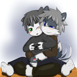 2boys blue_eyes furry game_console gaming green_eyes handheld_game_console multiple_boys playstation_portable tagme yaoi yarnjelly