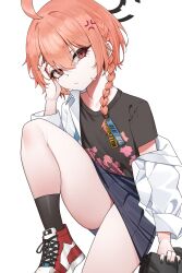 1girl absurdres ahoge anger_vein black_nails black_socks blue_archive braid chirpy facepalm floral_print floral_print_shirt hair_ornament hair_tie halo highres mole mole_under_each_eye mole_under_eye multiple_moles neru_(blue_archive) neru_(school_uniform)_(blue_archive) open_clothes open_shirt orange_hair red_eyes shirt shoes short_hair side_braid sitting skirt sneakers socks solo t-shirt thighs white_background