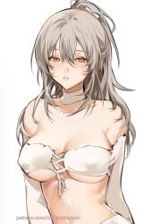 1girl bare_shoulders blush bra breasts cleavage collarbone commentary covered_erect_nipples cross-laced_clothes cross-laced_top english_commentary grey_hair hair_between_eyes highres honkai:_star_rail honkai_(series) large_breasts long_hair looking_at_viewer nevercrymoon parted_lips patreon_username ponytail simple_background solo stelle_(honkai:_star_rail) stomach trailblazer_(honkai:_star_rail) underwear upper_body watermark web_address white_background white_bra yellow_eyes
