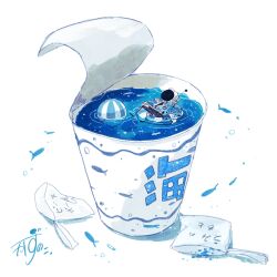 absurdres afloat artist_name ball beachball blue_innertube blue_jacket commentary cup_ramen fish flying_fish gloves helmet highres innertube jacket kazunoko_(kazunoko_zunoco) mini_person on_innertube original packet radio_antenna ripples signature simple_background space_helmet swim_ring translated water white_background white_gloves