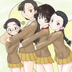 4girls bird black_hair braid brown_eyes brown_hair brown_jacket chi-hatan_military_uniform collar double_bun duck fukuda_haru girls_und_panzer glass green_eyes hair_bun hands_on_another&#039;s_shoulders hands_on_another&#039;s_waist hosomi_shizuko jacket long_braid long_hair looking_at_viewer miniskirt multiple_girls nishi_kinuyo pleated_skirt red_collar red_eyes round_eyewear rubber_duck skirt smile t_jiroo_(ringofriend) tamada_tamaki twin_braids white_collar yellow_skirt