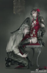 2boys alternate_costume alternate_hair_color alternate_hair_length alternate_hairstyle bdsm belt birdcage black_belt black_gloves black_hair black_pants black_ribbon black_shoes black_thighhighs blush bondage bound bound_arms cage chair china_dress chinese_clothes cleavage_cutout closed_eyes clothing_cutout crossdressing dress earrings elbow_gloves faux_traditional_media flower foot_on_another&#039;s_shoulder from_side gloves grey_eyes grey_hair hair_flower hair_ornament high_heels holding_another&#039;s_leg jewelry kcllzas163 knee_up kneeling lan_wangji leg_grab long_hair looking_at_another makeup male_focus modao_zushi mouth_hold multiple_boys navel on_chair pants pectorals pelvic_curtain profile red_dress red_flower revealing_clothes ribbon ribbon_in_mouth shirt shoes short_hair side_slit sitting tassel tassel_earrings teeth_hold thighhighs thighs third-party_source torn_clothes trap undressing_another watercolor_effect watermark wei_wuxian weibo_watermark white_shirt yaoi