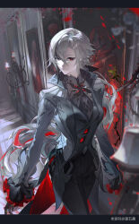 1girl absurdres arlecchino_(genshin_impact) black_eyes black_gloves black_pants coat coattails cowboy_shot crucabena_(genshin_impact) frilled_sleeves frills gecko genshin_impact gloves grey_coat grey_hair highres indoors letterboxed long_hair long_sleeves looking_at_viewer low_ponytail multicolored_hair pants ponytail portrait_(object) red_pupils smile solo ste7619 streaked_hair swept_bangs symbol-shaped_pupils thorns two-sided_fabric walking x-shaped_pupils