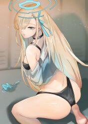 1girl :o alternate_costume ass asuna_(blue_archive) asuna_(school_uniform)_(blue_archive) bikini black_bikini blonde_hair blue_archive blue_bow blue_bowtie blue_eyes blue_halo bow bowtie breasts choker hair_over_one_eye hair_ribbon halo highres kemurigi_ill kneeling large_breasts long_hair looking_at_viewer looking_back ribbon shirt solo swimsuit thighs unworn_bowtie very_long_hair white_shirt