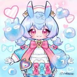 1girl blue_hair bow closed_mouth dot_nose eyelashes genshin_impact gradient_background hat long_hair long_sleeves looking_at_viewer low_twintails odetooo pink_bow puffy_sleeves red_eyes short_twintails sigewinne_(genshin_impact) solo twintails white_hat