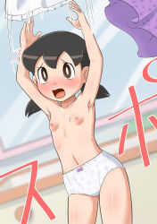 1girl black_hair blush breasts brown_eyes doraemon highres loli minamoto_shizuka nipples open_mouth small_breasts solo