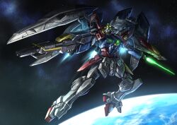 absurdres artist_logo beam_rifle buster_rifle commentary dual_wielding earth_(planet) energy_gun energy_sword english_commentary exhaust flying full_body glowing glowing_eyes green_eyes gun gundam gundam_wing highres holding holding_gun holding_sword holding_weapon logo mecha mecha_focus mobile_suit nebula no_humans outstretched_arms planet porukima robot science_fiction solo space spread_arms star_(sky) sword thrusters v-fin weapon wing_gundam_zero