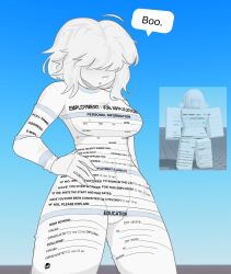 1girl ahoge bodysuit breasts commentary covered_navel detached_hair english_commentary english_text hair_over_eyes hand_on_own_hip highres hissterickal job_application_form_(meme) medium_breasts medium_hair meme original reference_inset roblox solo