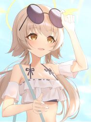 1girl absurdres bare_shoulders bikini blue_archive blue_skirt breasts brown_eyes brown_hair collarbone commentary_request eyewear_on_head frilled_bikini frills hair_ornament halo halterneck hifumi_(blue_archive) hifumi_(swimsuit)_(blue_archive) highres jei_(user_tckk7448) long_hair low_twintails official_alternate_costume open_mouth round_eyewear skirt small_breasts solo sunglasses swimsuit twintails very_long_hair white_bikini wing_hair_ornament winged_halo yellow_halo