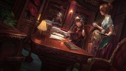 1boy 3girls apron blonde_hair book book_on_head bookshelf braid brown_hair capelet chair corset cup dark_skin drinking dutch_angle fingerless_gloves gloves highres inkwell lamp library multiple_girls object_on_head one_eye_closed ox_(baallore) profile puffy_sleeves short_hair sleeping smile steam table tray