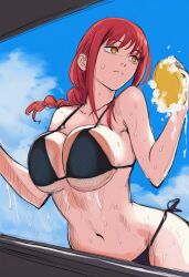 Rule 34 | 1girl, against glass, bikini, black bikini, braid, braided ponytail, breast press, breasts, car wash, chainsaw man, closed mouth, cloud, cloudy sky, day, jei games, large breasts, makima (chainsaw man), navel, red hair, sidelocks, sky, solo, sponge, swimsuit, wet, yellow eyes