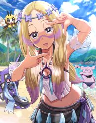 1girl absurdres beach blonde_hair blue_sky breasts cleavage cloud collarbone gen_1_pokemon gen_2_pokemon gen_7_pokemon granbull grey_eyes highres jewelry legendary_pokemon long_hair looking_at_viewer medium_breasts midriff mina_(pokemon) mina_(sygna_suit)_(pokemon) necklace nintendo ocean official_alternate_costume open_mouth outdoors paint_splatter paint_splatter_on_face parted_bangs pokemoa pokemon pokemon_(creature) pokemon_masters_ex ribombee sand sky tapu_fini tree upper_body wigglytuff