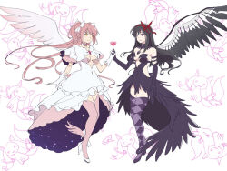 Rule 34 | 2girls, akemi homura, akuma homura, argyle clothes, argyle thighhighs, black dress, black hair, black wings, bow, breasts, cleavage, collarbone, dress, elbow gloves, frilled dress, frills, full body, futa yuri ryona, gloves, hair bow, heart, high-low dress, high heels, holding hands, kaname madoka, kyubey, long hair, mahou shoujo madoka magica, mahou shoujo madoka magica: hangyaku no monogatari, multiple girls, pink hair, pink thighhighs, purple thighhighs, red bow, short twintails, speech bubble, thighhighs, twintails, ultimate madoka, white dress, white gloves, white wings, wings, yuri