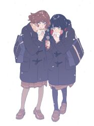 2girls 55bata6rou bag black_coat black_hair black_pantyhose blue_bag brown_hair brown_shoes brown_skirt can coat drink_can eating food full_body hand_up hibike!_euphonium highres holding holding_can holding_food kitauji_high_school_uniform kousaka_reina loafers long_hair long_sleeves multiple_girls orange_scarf oumae_kumiko pantyhose pleated_skirt red_scarf scarf school_bag school_uniform shoes simple_background skirt snowing standing steam steamed_bun white_background winter winter_clothes
