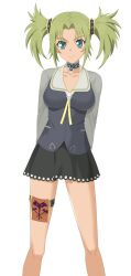 1girl absurdres arms_behind_back breasts choker commission droite_(tales) green_eyes green_hair hair_rings highres looking_at_viewer mamold_duck medium_breasts sidelocks simple_background smile solo spiked_hair_ornament tales_of_(series) tales_of_vesperia twintails white_background