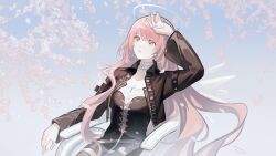 1girl absurdres arknights arm_up black_dress black_jacket breasts cleavage detached_wings dress energy_wings halo highres jacket lemuen_(arknights) long_hair long_sleeves looking_up open_clothes open_jacket parted_lips petals pink_eyes pink_hair shizaoting solo very_long_hair wings