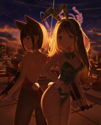 airi_(blue_archive) alternate_costume animal_ears bare_back bare_shoulders black_hair blue_archive bow bowtie breasts bren_lmg brown_hair cat_ears cat_girl city cityscape cloud colored_inner_hair dark extra_ears green_eyes gun gyeonyu_art h&amp;k_mp5 halo hashtag-only_commentary highres holding holding_gun holding_weapon kazusa_(blue_archive) leotard light_machine_gun long_hair looking_at_viewer looking_back machine_gun multicolored_hair multiple_girls on_roof pantyhose pink_eyes pink_hair playboy_bunny rabbit_ears short_hair sideways_glance submachine_gun sunset thighhighs two-tone_hair weapon