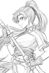 1girl cowboy_shot earrings evil_smile fingerless_gloves fire_emblem fire_emblem:_the_blazing_blade gloves greyscale holding holding_sword holding_weapon jewelry long_hair looking_at_viewer lyn_(fire_emblem) monochrome nintendo ponytail sheath short_sleeves smile solo sword ten_(tenchan_man) unsheathing weapon white_background