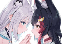 Rule 34 | absurdres, animal ear fluff, animal ears, black hair, blue eyes, blush, close-up, fox ears, fox girl, highres, hololive, long hair, multicolored hair, ookami mio, profile, red hair, shirakami fubuki, simple background, streaked hair, togemaru34, two-tone hair, virtual youtuber, white background, white hair, wolf ears, wolf girl, yellow eyes