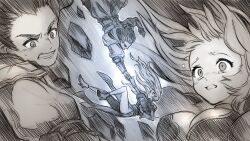 1boy 1girl armor artist_request breasts clenched_teeth commentary commentary_request crying dress english_commentary falling floating_clothes floating_hair frey_(king&#039;s_raid) game_cg hair_floating_upwards high_heels highres holding_hands kasel_(king&#039;s_raid) king&#039;s_raid korean_commentary long_hair medium_breasts mixed-language_commentary multiple_views official_art pelvic_curtain puffy_short_sleeves puffy_sleeves rescue second-party_source short_hair short_sleeves sweatdrop tears teeth wind