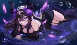 1girl absurdres aki_hoshino asymmetrical_legwear black_boots black_dress black_hair black_horns black_sleeves black_thighhighs boots breasts broken_horn colored_inner_hair commentary detached_sleeves double-parted_bangs dress english_commentary flower garter_straps gem hair_between_eyes hair_flower hair_ornament halter_dress halterneck head_chain head_on_hand highres horns indie_virtual_youtuber jewelry large_breasts looking_at_viewer lying mismatched_legwear multicolored_hair on_stomach purple_eyes purple_flower purple_gemstone purple_hair ripples second-party_source short_dress single_garter_strap single_thigh_boot single_thighhigh solo thigh_boots thighhighs unjaded_(vtuber) virtual_youtuber wading