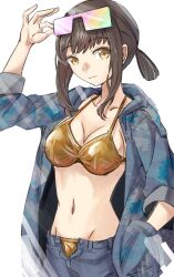 1girl alternate_breast_size alternate_costume alternate_eye_color bikini black_hair blue_jacket breasts cleavage collarbone commentary eyewear_on_head fubuki_(kancolle) gold_bikini hand_in_pocket highres jacket kantai_collection looking_at_viewer low_ponytail medium_breasts navel pants ponytail short_hair short_ponytail sidelocks simple_background solo sunglasses swimsuit tonke white_background yellow_eyes