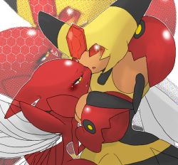 gen_2_pokemon gen_4_pokemon nintendo no_humans pokemon pokemon_(creature) red_eyes scizor vespiquen yellow_eyes yuri