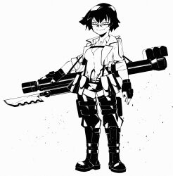 1girl absurdres black_gloves black_hair black_nails black_shorts devil_may_cry_(series) devil_may_cry_5 fingerless_gloves glasses gloves greyscale highres holding holding_rocket_launcher holding_weapon jacket kalina_ann_(weapon) lady_(devil_may_cry) midriff miroartwarks monochrome nail_polish rocket_launcher shirt shorts simple_background smile weapon white_background